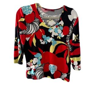 Bold Floral Blouse Quarter Length Sleeve - Red, Black, and Blue
